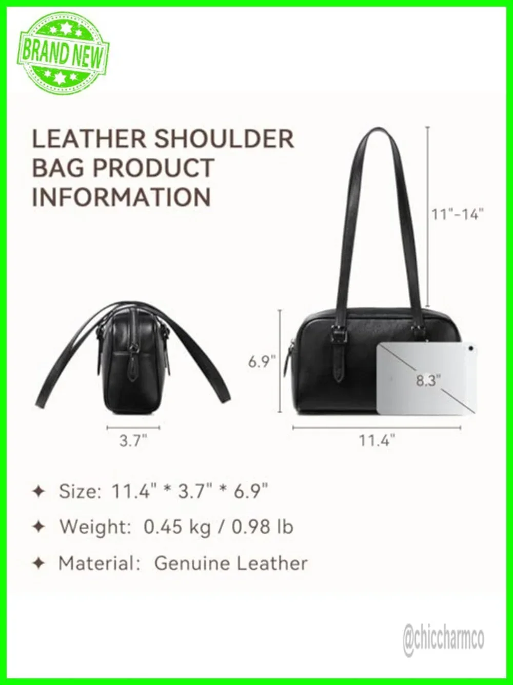 Genuine Full-Grain Leather Hobo Tote Bag, Adjustable Shoulder Strap, Clutch